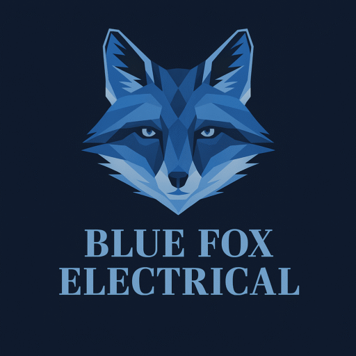 Blue Fox Electrical logo featuring a stylized geometric fox head in shades of blue, with the company name “BLUE FOX ELECTRICAL” written below in uppercase light blue text on a dark navy background (#0D1C3A).